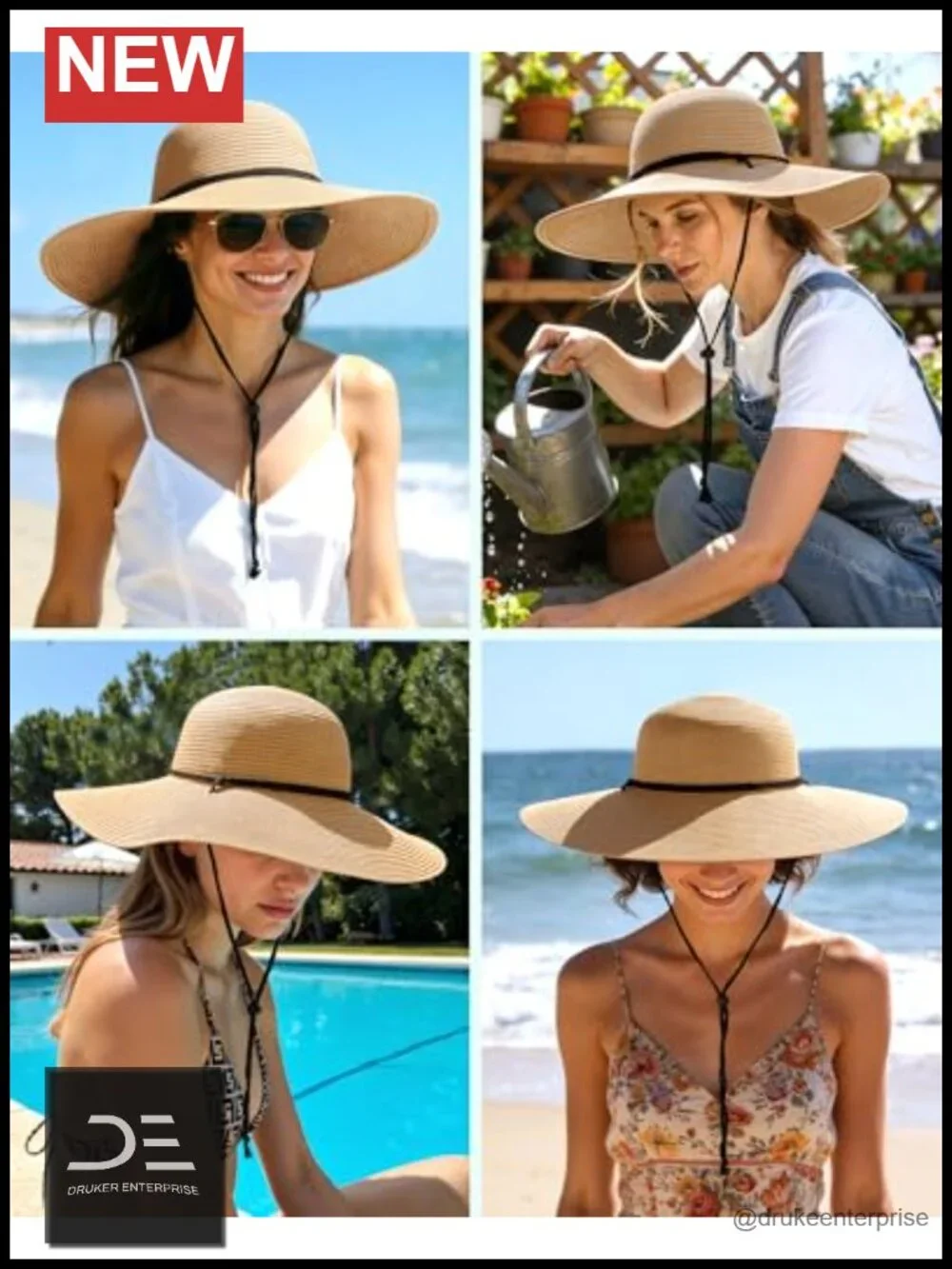 Wide Brim Straw Hat with Chin Strap UPF 50+ Sun Protection